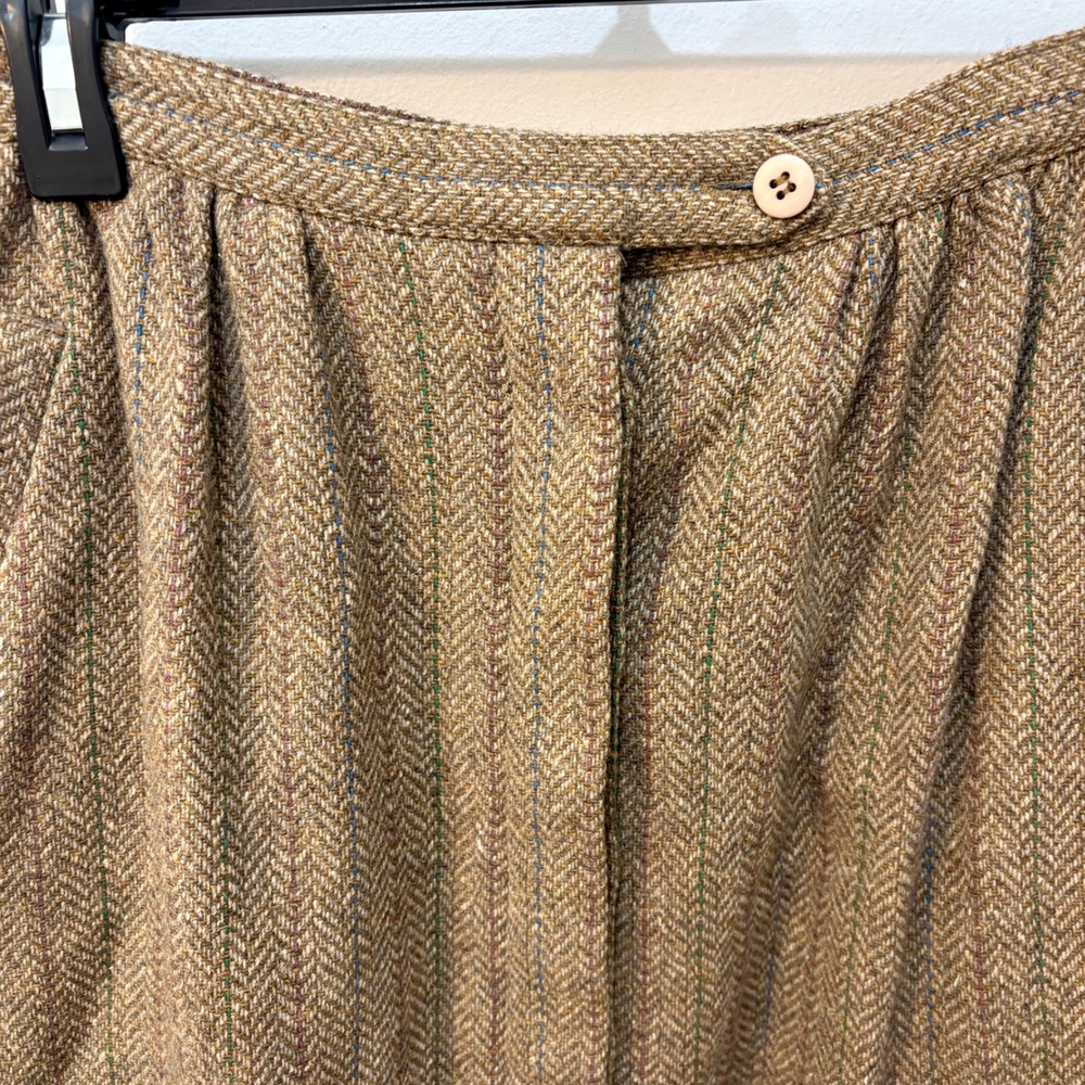 Vintage Wool Silk Pleated Button Skirt High Waste Midi Academia Preppy Tweed - Picture 2 of 10